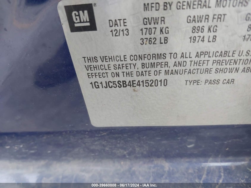 2014 Chevrolet Sonic Lt Auto VIN: 1G1JC5SB4E4152010 Lot: 39660808