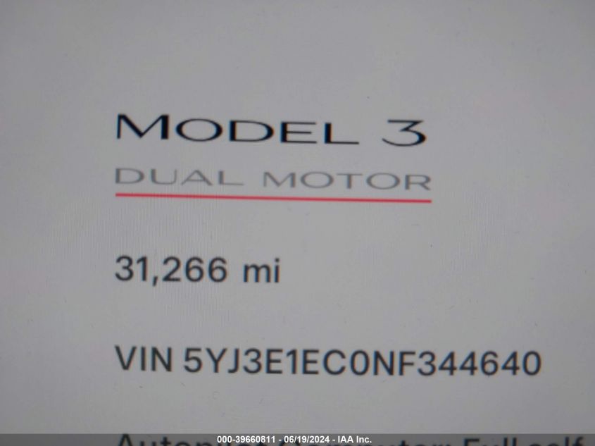 2022 Tesla Model 3 Performance Dual Motor All-Wheel Drive VIN: 5YJ3E1EC0NF344640 Lot: 39660811