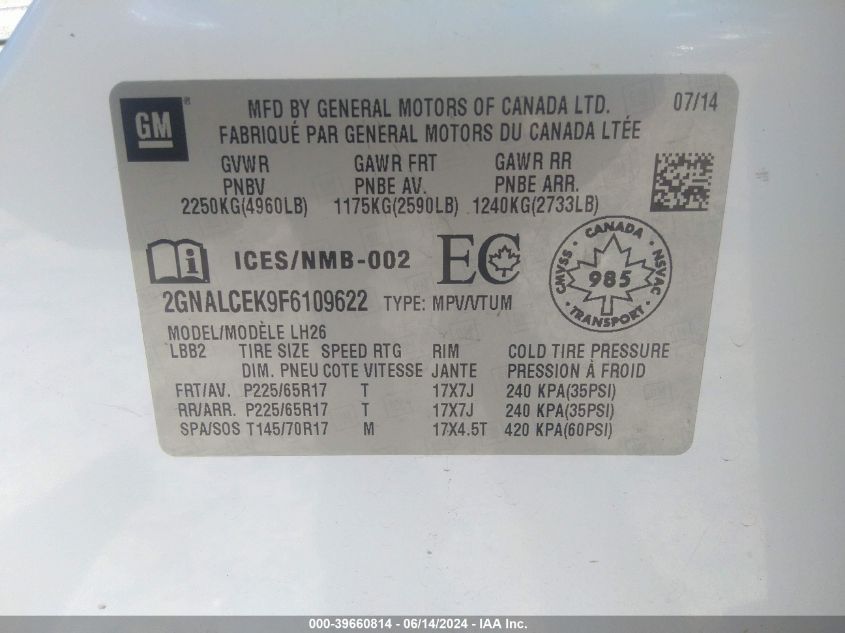 2GNALCEK9F6109622 2015 Chevrolet Equinox 2Lt