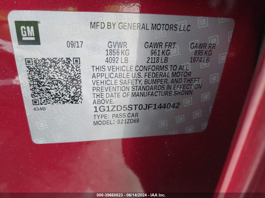 2018 Chevrolet Malibu Lt VIN: 1G1ZD5ST0JF144042 Lot: 39660823