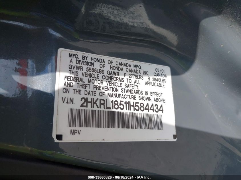 2001 Honda Odyssey Lx VIN: 2HKRL18511H584434 Lot: 39660826