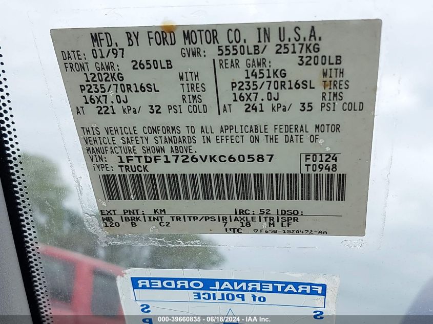 1997 Ford F-150 Standard/Xl/Xlt VIN: 1FTDF1726VKC60587 Lot: 39660835