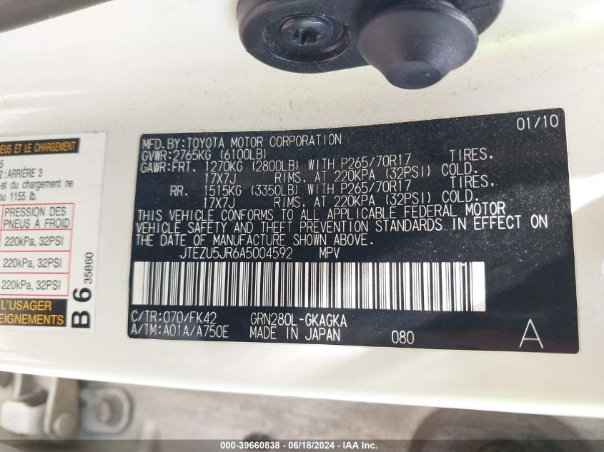 2010 Toyota 4Runner Sr5 V6 VIN: JTEZU5JR6A5004592 Lot: 39660838