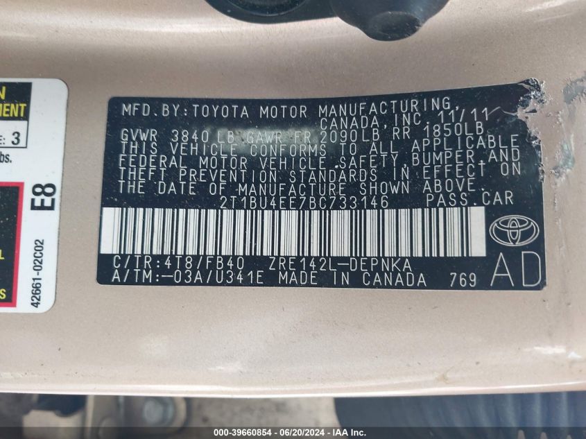 2011 Toyota Corolla Le VIN: 2T1BU4EE7BC733146 Lot: 39660854