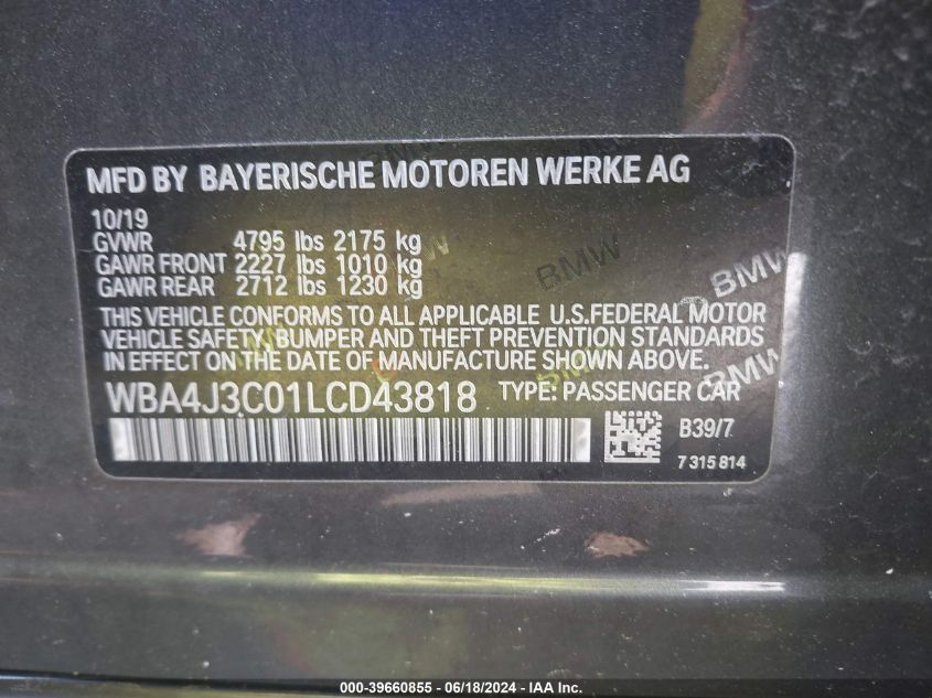 2020 BMW 430I Gran Coupe xDrive VIN: WBA4J3C01LCD43818 Lot: 39660855