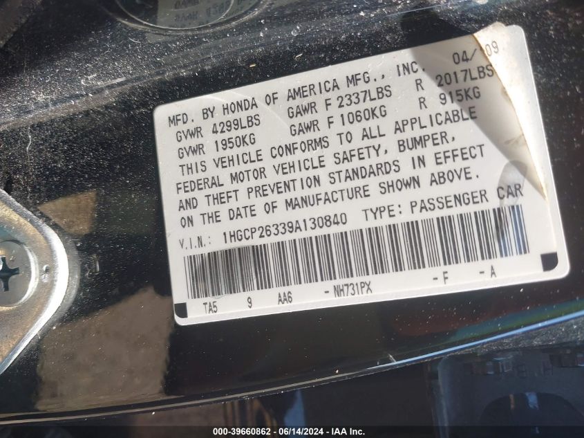 2009 Honda Accord 2.4 Lx VIN: 1HGCP26339A130840 Lot: 39660862
