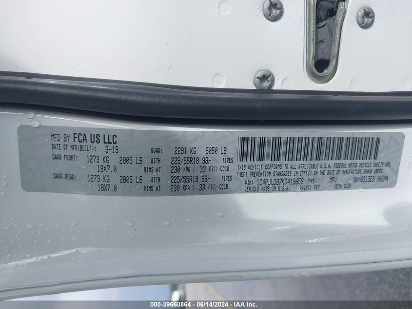 VIN 1C4PJLDB7KD419659 2019 JEEP CHEROKEE LIMITED