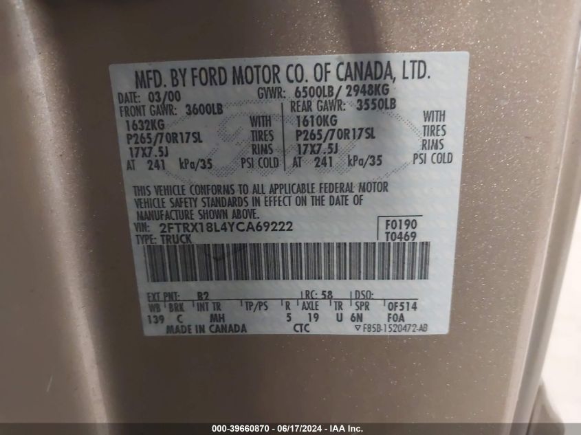 2000 Ford F-150 Lariat/Work Series/Xl/Xlt VIN: 2FTRX18L4YCA69222 Lot: 39660870