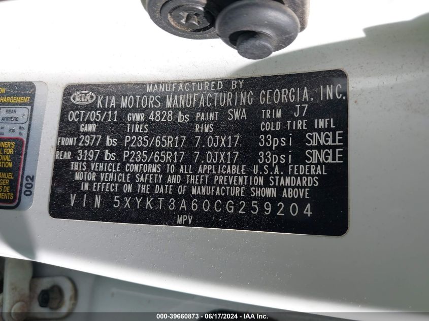 2012 Kia Sorento Lx VIN: 5XYKT3A60CG259204 Lot: 39660873