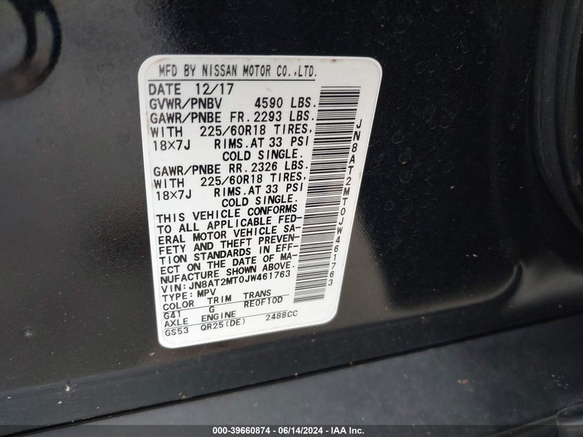 2018 Nissan Rogue Sl VIN: JN8AT2MT0JW461763 Lot: 39660874