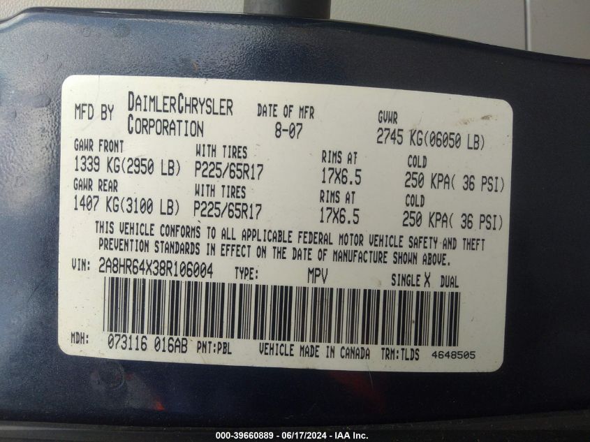 2008 Chrysler Town & Country Limited VIN: 2A8HR64X38R106004 Lot: 39660889