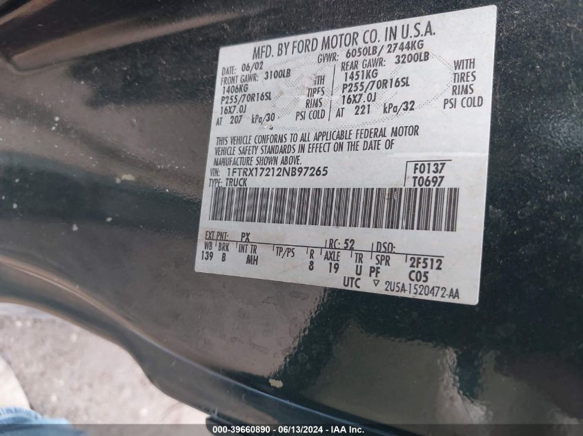 2002 Ford F-150 Xl/Xlt VIN: 1FTRX17212NB97265 Lot: 39660890