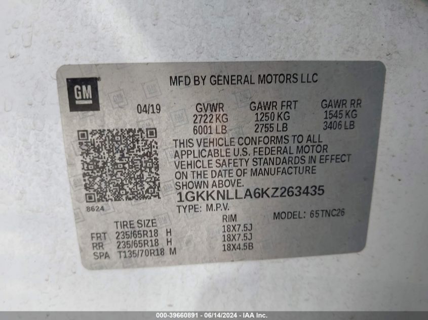 2019 GMC Acadia Sle-2 VIN: 1GKKNLLA6KZ263435 Lot: 39660891