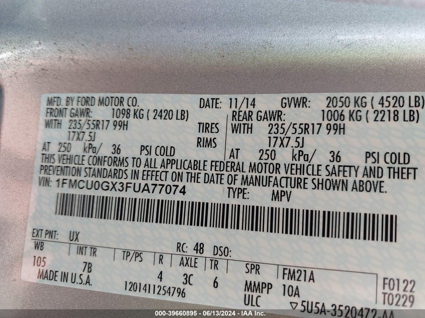 2015 Ford Escape Se VIN: 1FMCU0GX3FUA77074 Lot: 39660895