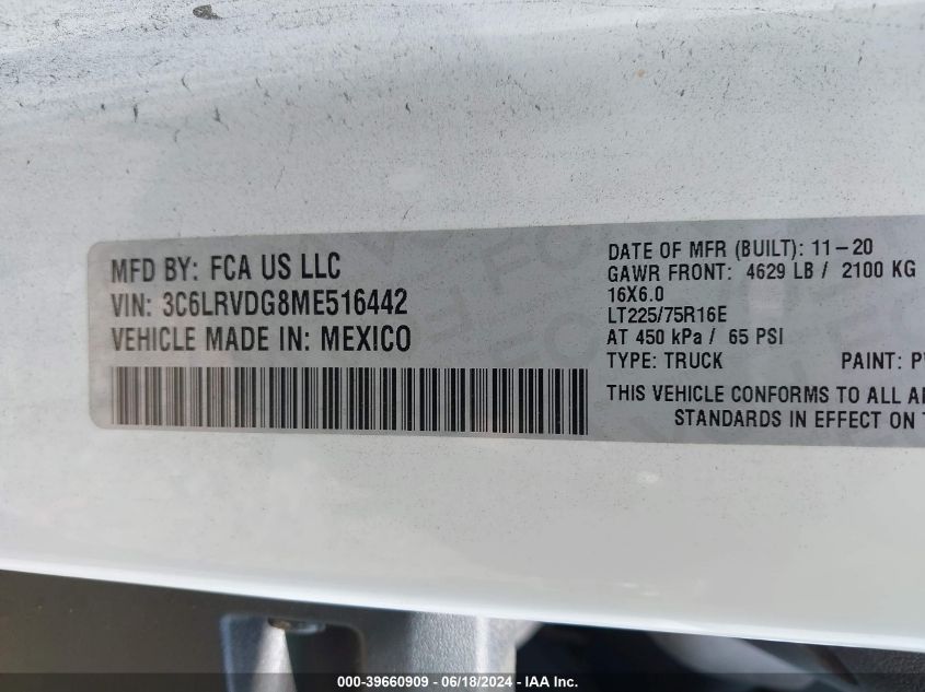 2021 Ram Promaster 2500 High Roof 159 Wb VIN: 3C6LRVDG8ME516442 Lot: 39660909