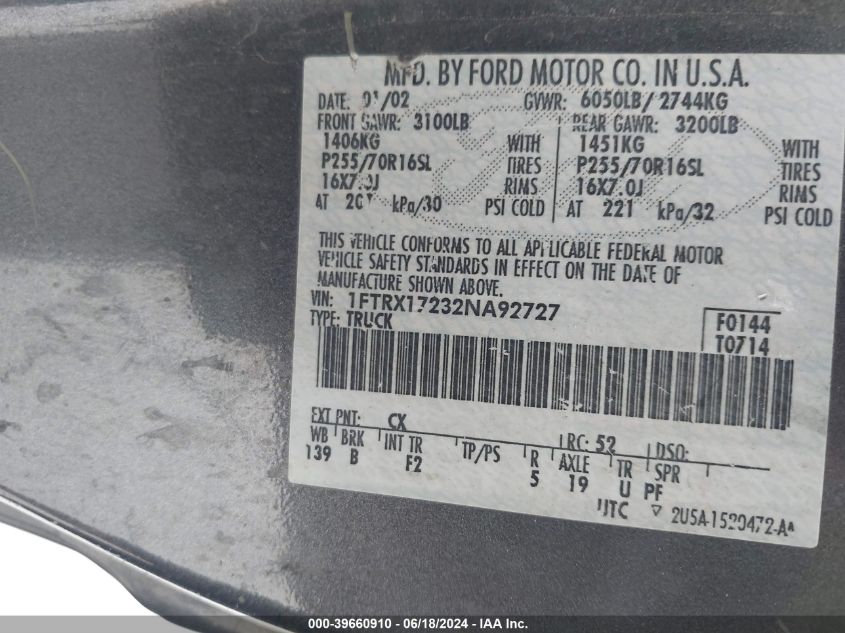 2002 Ford F-150 Xl/Xlt VIN: 1FTRX17232NA92727 Lot: 39660910