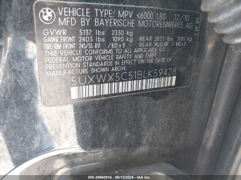 2011 BMW X3 xDrive28I VIN: 5UXWX5C51BLK59428 Lot: 39660916