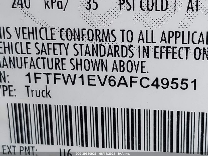 2010 Ford F150 Supercrew VIN: 1FTFW1EV6AFC495 Lot: 39660926