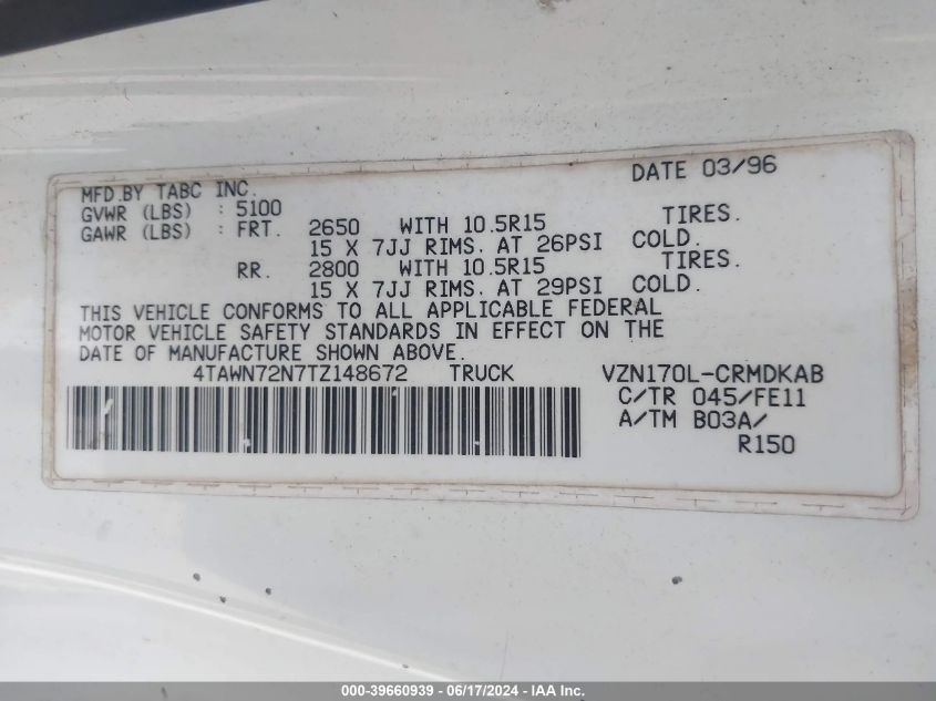 1996 Toyota Tacoma Xtracab VIN: 4TAWN72N7TZ148672 Lot: 39660939
