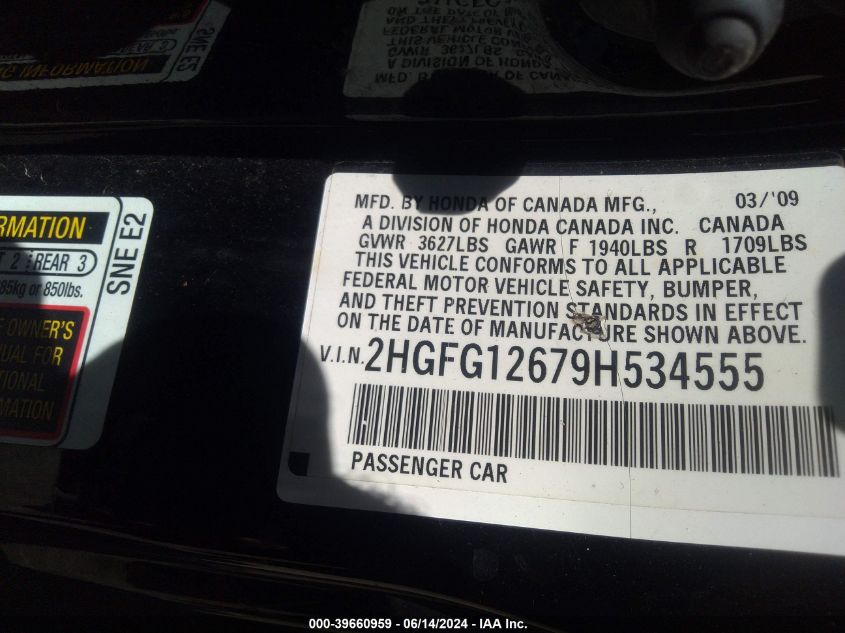2009 Honda Civic Lx VIN: 2HGFG12679H534555 Lot: 39660959