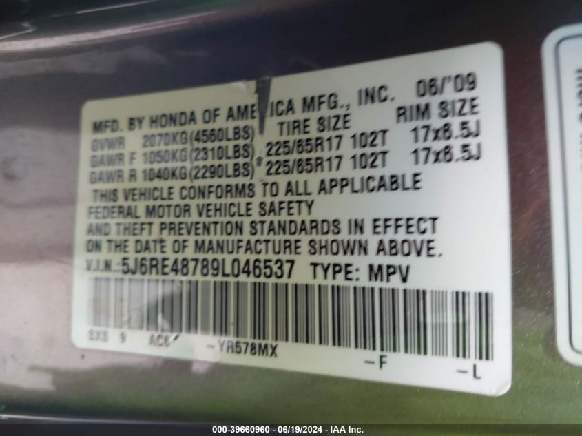 2009 Honda Cr-V Ex-L VIN: 5J6RE48789L046537 Lot: 39660960