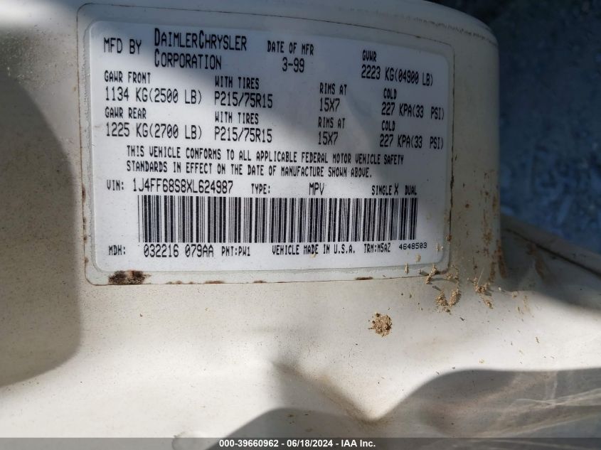 1999 Jeep Cherokee Classic/Sport VIN: 1J4FF68S8XL624987 Lot: 39660962