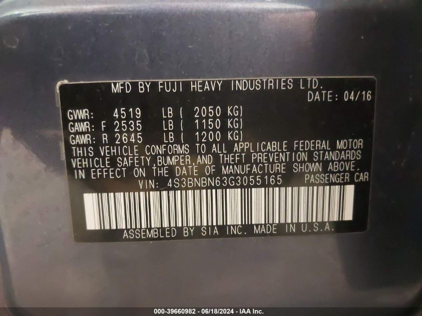 2016 Subaru Legacy 2.5I Limited VIN: 4S3BNBN63G3055165 Lot: 39660982