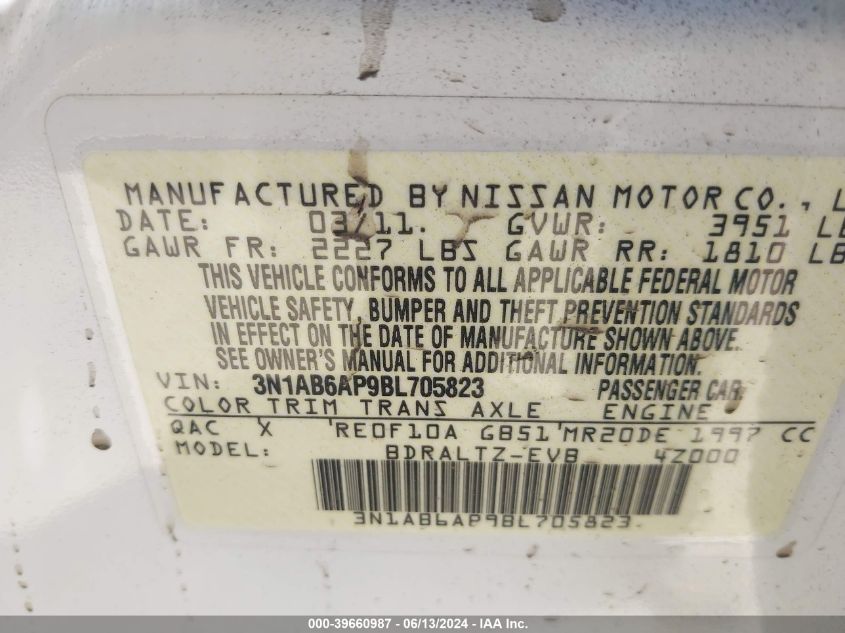 2011 Nissan Sentra 2.0Sr VIN: 3N1AB6AP9BL705823 Lot: 39660987