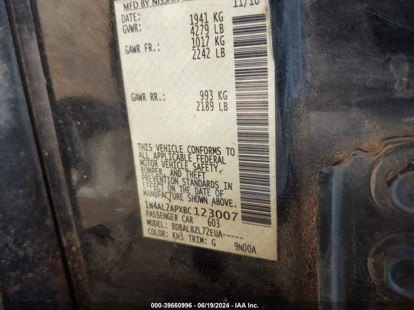 2011 Nissan Altima 2.5 S VIN: 1N4AL2APXBC123007 Lot: 39660996