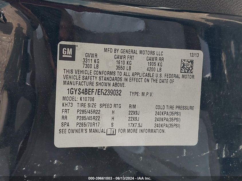 2014 Cadillac Escalade Luxury VIN: 1GYS4BEF7ER239032 Lot: 39661003