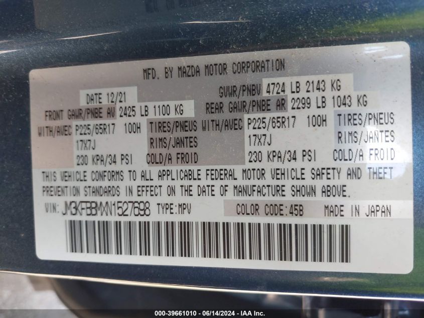 2022 Mazda Cx-5 2.5 S Select VIN: JM3KFBBMXN1527698 Lot: 39661010