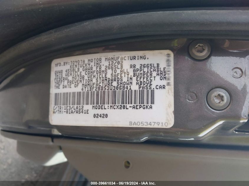 2003 Toyota Avalon Xls VIN: 4T1BF28B53U306841 Lot: 39661034