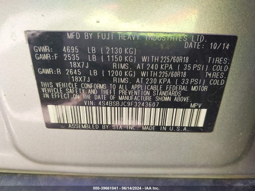 2015 Subaru Outback 2.5I Limited VIN: 4S4BSBJC9F3243607 Lot: 39661041