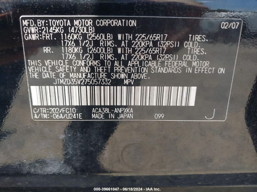 2007 Toyota Rav4 VIN: JTMZD35V275057332 Lot: 39661047