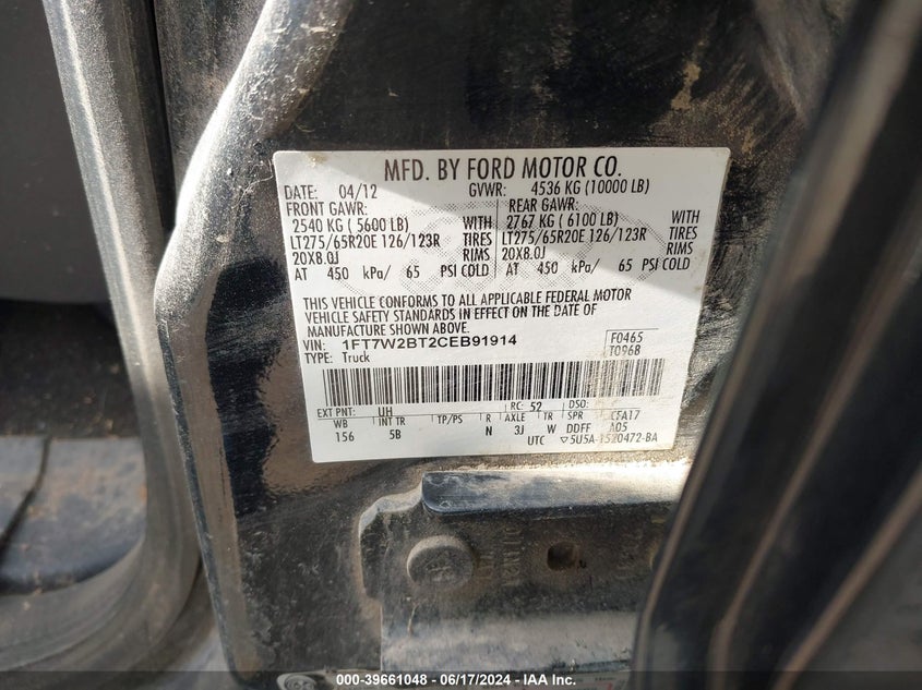 2012 Ford F-250 Lariat VIN: 1FT7W2BT2CEB91914 Lot: 39661048