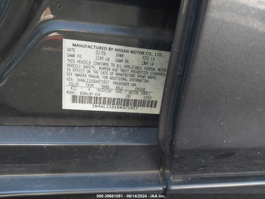 1N4AL11D16N375917 2006 Nissan Altima 2.5 S