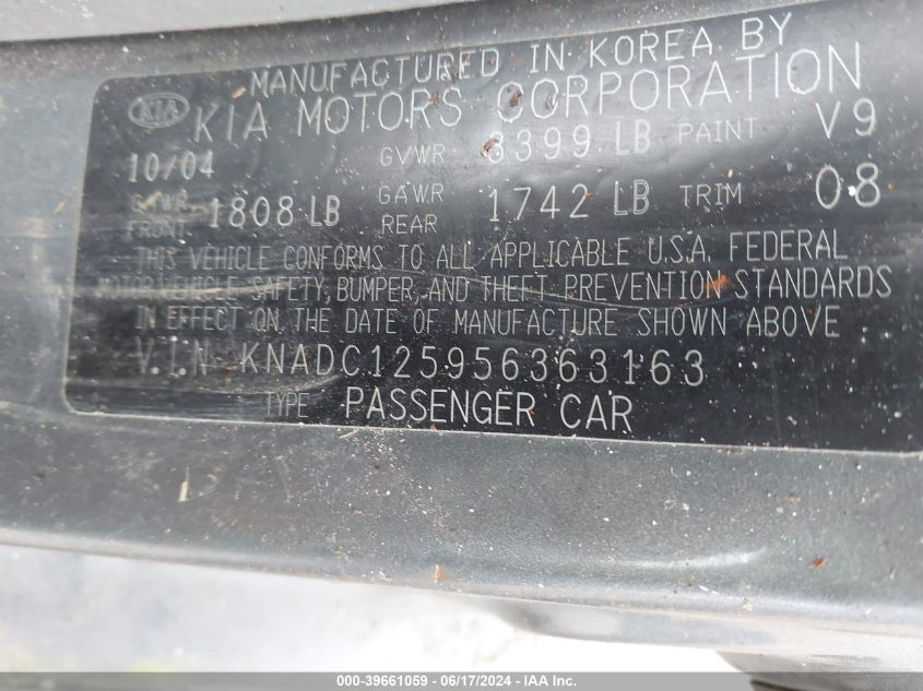 2005 Kia Rio VIN: KNADC125956363163 Lot: 39661059