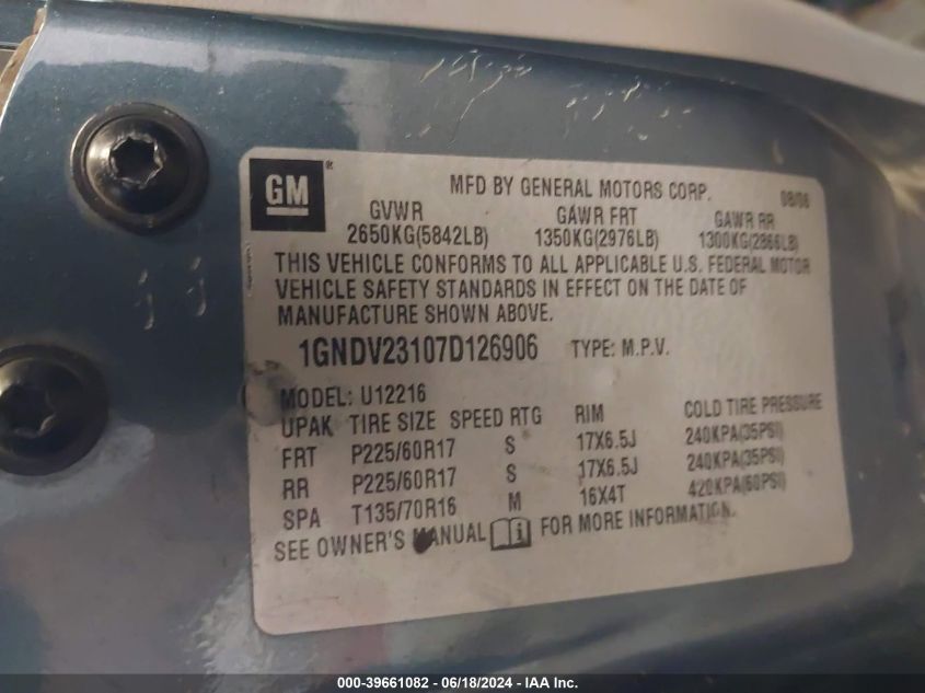 2007 Chevrolet Uplander Ls VIN: 1GNDV23107D126906 Lot: 39661082