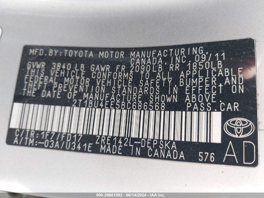 2011 Toyota Corolla S VIN: 2T1BU4EE5BC686568 Lot: 39661092