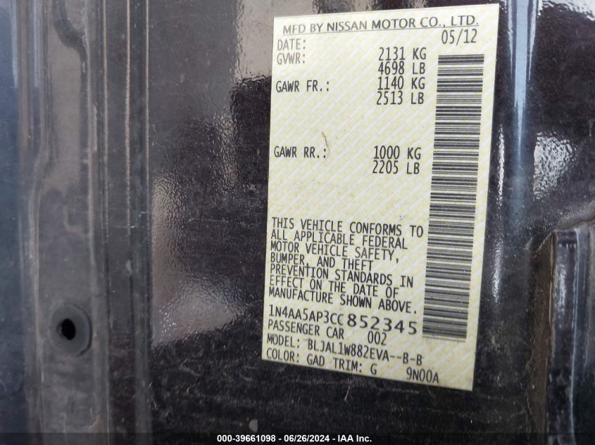 2012 Nissan Maxima 3.5 Sv VIN: 1N4AA5AP3CC852345 Lot: 39661098