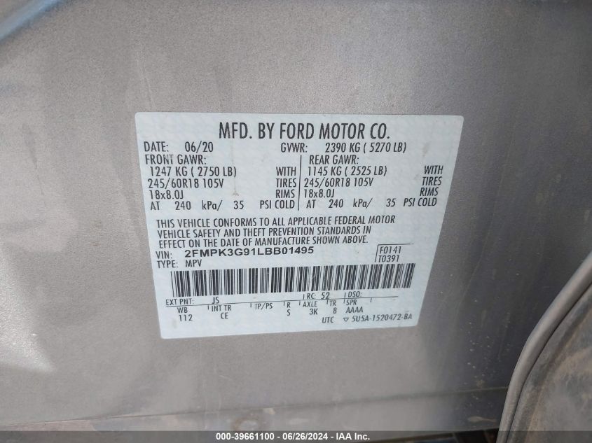 2020 Ford Edge Se VIN: 2FMPK3G91LBB01495 Lot: 39661100