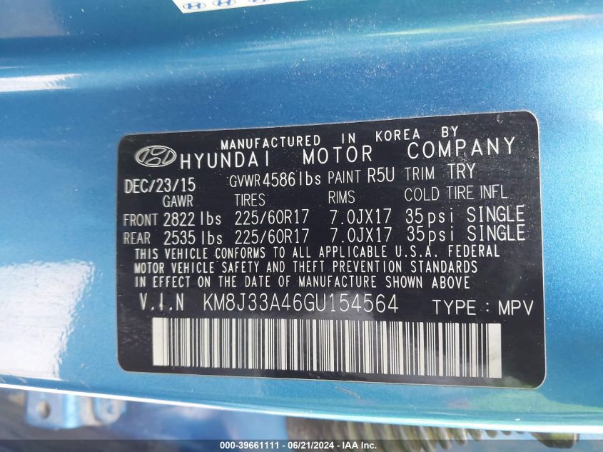 2016 Hyundai Tucson Limited/Sport And Eco/Se VIN: KM8J33A46GU154564 Lot: 39661111