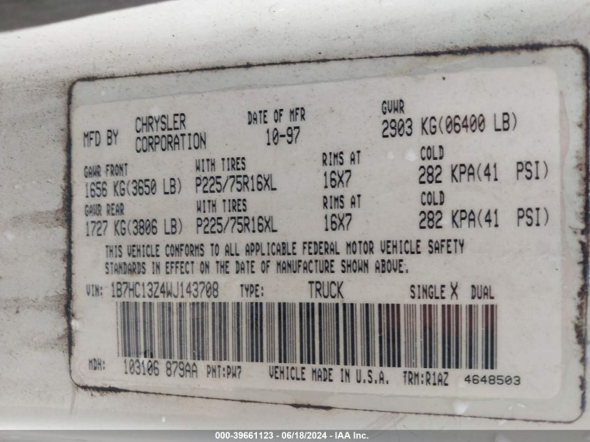 1998 Dodge Ram 1500 St VIN: 1B7HC13Z4WJ143708 Lot: 39661123