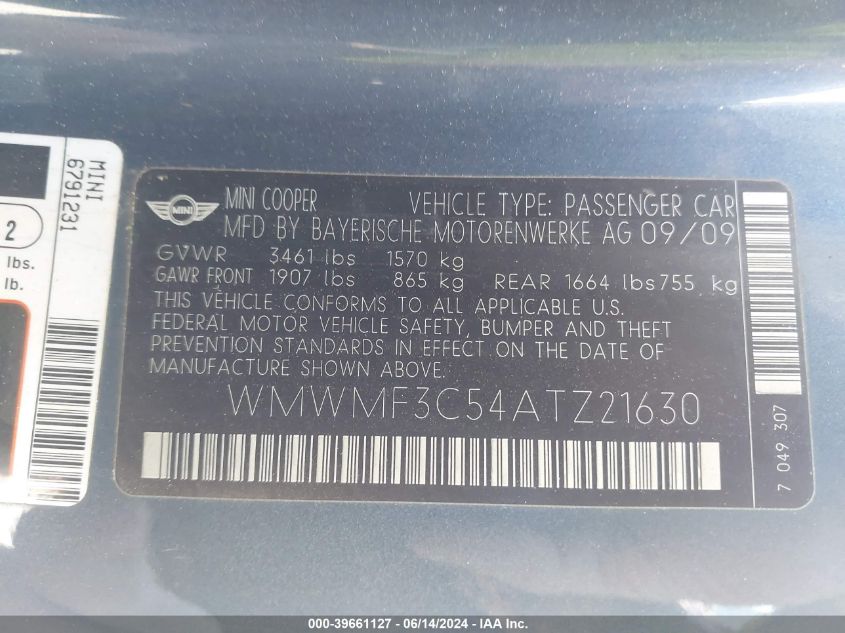 2010 Mini Cooper VIN: WMWMF3C54ATZ21630 Lot: 39661127