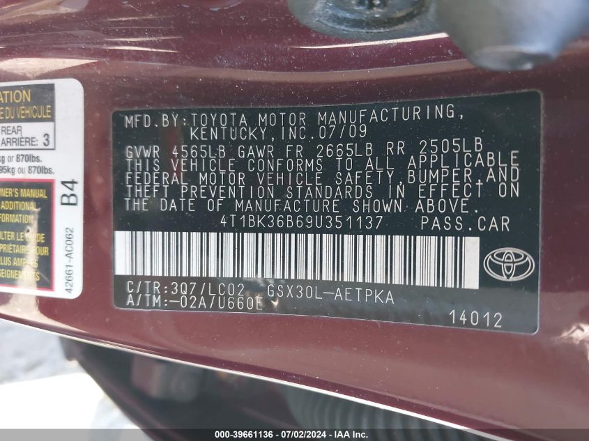 2009 Toyota Avalon Limited VIN: 4T1BK36B69U351137 Lot: 39661136