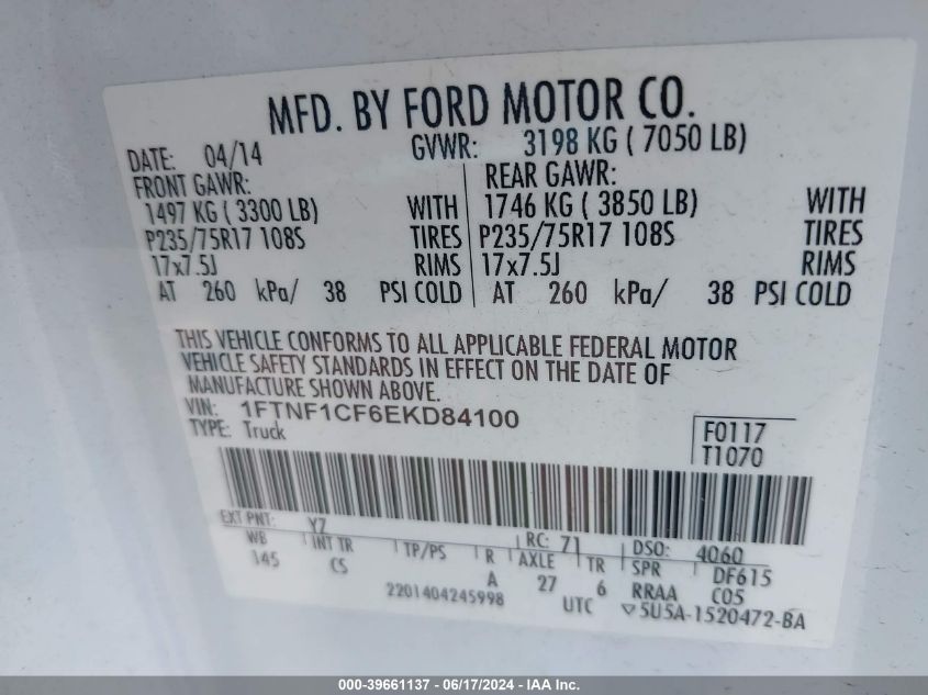 2014 FORD F-150 XL - 1FTNF1CF6EKD84100