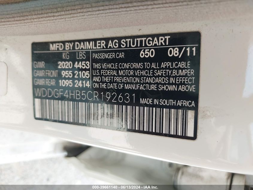 2012 Mercedes-Benz C 250 Luxury/Sport VIN: WDDGF4HB5CR192631 Lot: 39661140
