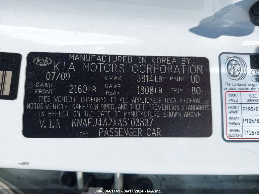 2010 Kia Forte Ex VIN: KNAFU4A2XA5103837 Lot: 39661141