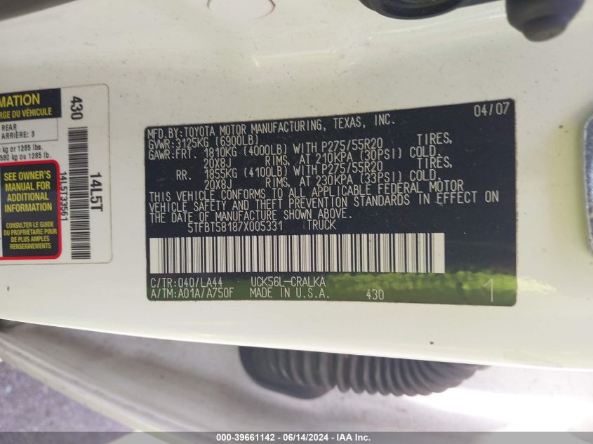 2007 Toyota Tundra Limited 4.7L V8 VIN: 5TFBT58187X005331 Lot: 39661142