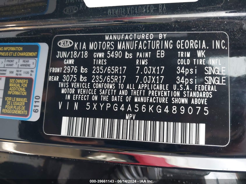 2019 Kia Sorento 3.3L Lx VIN: 5XYPG4A56KG489075 Lot: 39661143